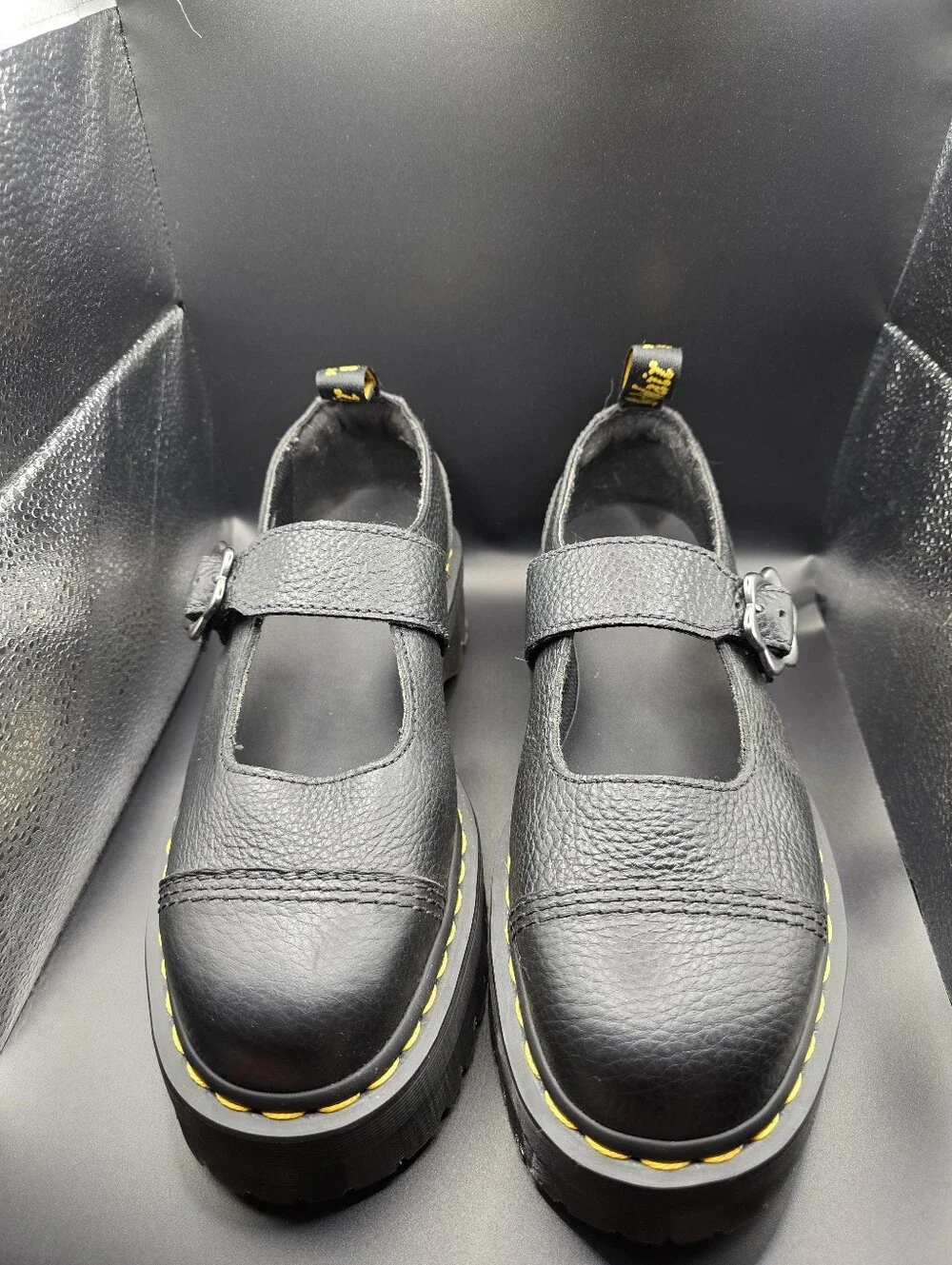 Dr. Martens Black Addina Flower Mary Jane Platform Shoes with Yellow Stitching - Picture 1 of 8